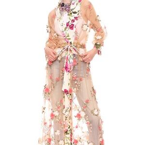 NWT Aratta Floral Fantasy Embroidered Sheer Kimono Duster M